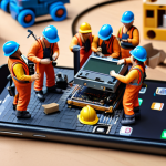 **A smartphone displaying a software update notification, but with a chaotic and humorous scene in the background, like miniature construction workers struggling to fix the phone's internal components.** (This visually represents the potentially risky and disruptive nature of system updates.)