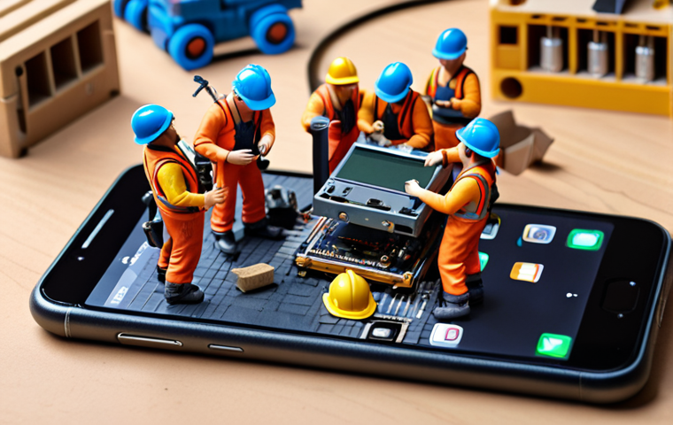 **A smartphone displaying a software update notification, but with a chaotic and humorous scene in the background, like miniature construction workers struggling to fix the phone's internal components.** (This visually represents the potentially risky and disruptive nature of system updates.)