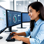 A focused professional, fully clothed in modest business attire, seated at a clean, modern workstation in a bright, contemporary office environment. The individual is interacting with multiple digital screens, showcasing efficient workflow and seamless productivity tools. The scene emphasizes an organized and high-tech work setting. Perfect anatomy, correct proportions, well-formed hands, natural pose, professional photography, high resolution, crisp details, safe for work, appropriate content, family-friendly.