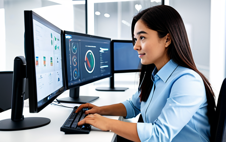 A focused professional, fully clothed in modest business attire, seated at a clean, modern workstation in a bright, contemporary office environment. The individual is interacting with multiple digital screens, showcasing efficient workflow and seamless productivity tools. The scene emphasizes an organized and high-tech work setting. Perfect anatomy, correct proportions, well-formed hands, natural pose, professional photography, high resolution, crisp details, safe for work, appropriate content, family-friendly.