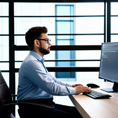 A professional software developer in a modern, well-lit office, dressed in a modest business casual outfit. They are sitting at a sleek desk, attentively observing a large monitor displaying a Windows Terminal window with clean, color-coded text showing batch file commands executing smoothly. The background is a blurred, contemporary office environment with subtle tech elements. The developer has a natural pose, perfect anatomy, correct proportions, well-formed hands, and proper finger count. This image conveys efficient automation and control, highlighting a sense of accomplishment. Professional photography, high resolution, soft lighting. Safe for work, appropriate content, fully clothed, professional dress.