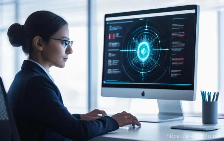 윈도우 10의 고급 시작 옵션 활용 - A person, appearing calm and focused, is seated at a modern desk in a well-lit, minimalist office se...