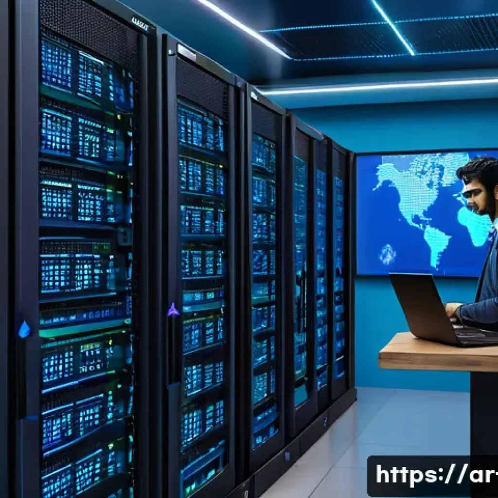 리눅스에서 시스템 로그 확인 방법 - A detailed, realistic illustration of a Linux server room with multiple racks of servers displaying ...