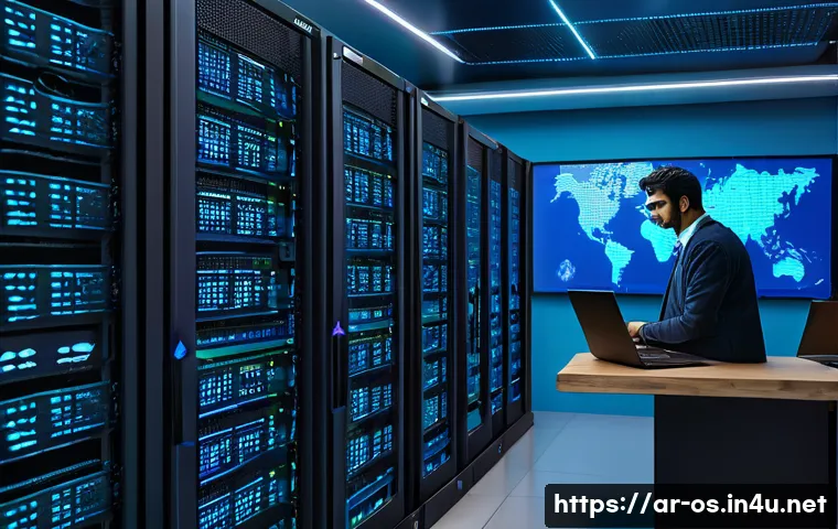 리눅스에서 시스템 로그 확인 방법 - A detailed, realistic illustration of a Linux server room with multiple racks of servers displaying ...