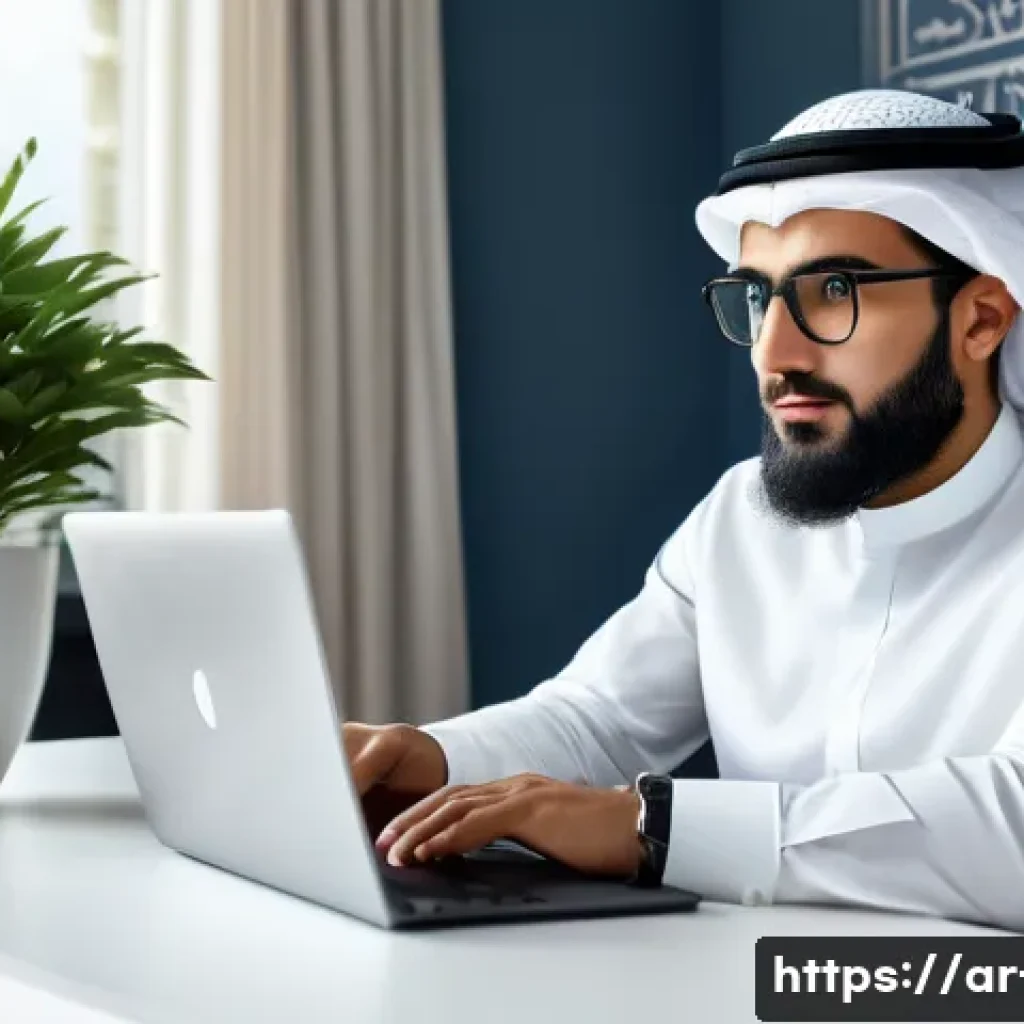 윈도우 11의 원격 데스크톱 설정 - A modern Arab professional man in his early 30s sitting at a sleek desk in a bright home office, usi...