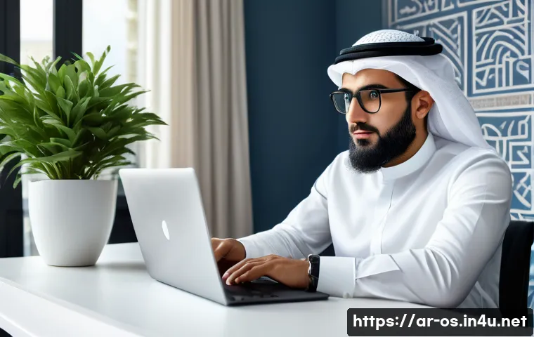 윈도우 11의 원격 데스크톱 설정 - A modern Arab professional man in his early 30s sitting at a sleek desk in a bright home office, usi...