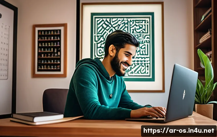 리눅스 배포판 추천  우분투 페도라 데비안 등 - A cozy home office scene featuring an Arabic-speaking young adult sitting comfortably at a modern de...