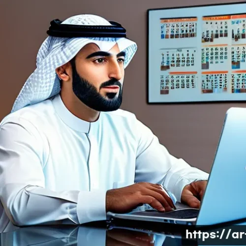 윈도우의 관리자 계정 활성화 방법 - A professional Arab man in a modern office setting, confidently using a Windows laptop with Command ...