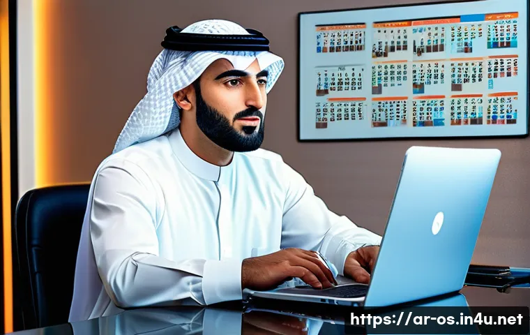 윈도우의 관리자 계정 활성화 방법 - A professional Arab man in a modern office setting, confidently using a Windows laptop with Command ...