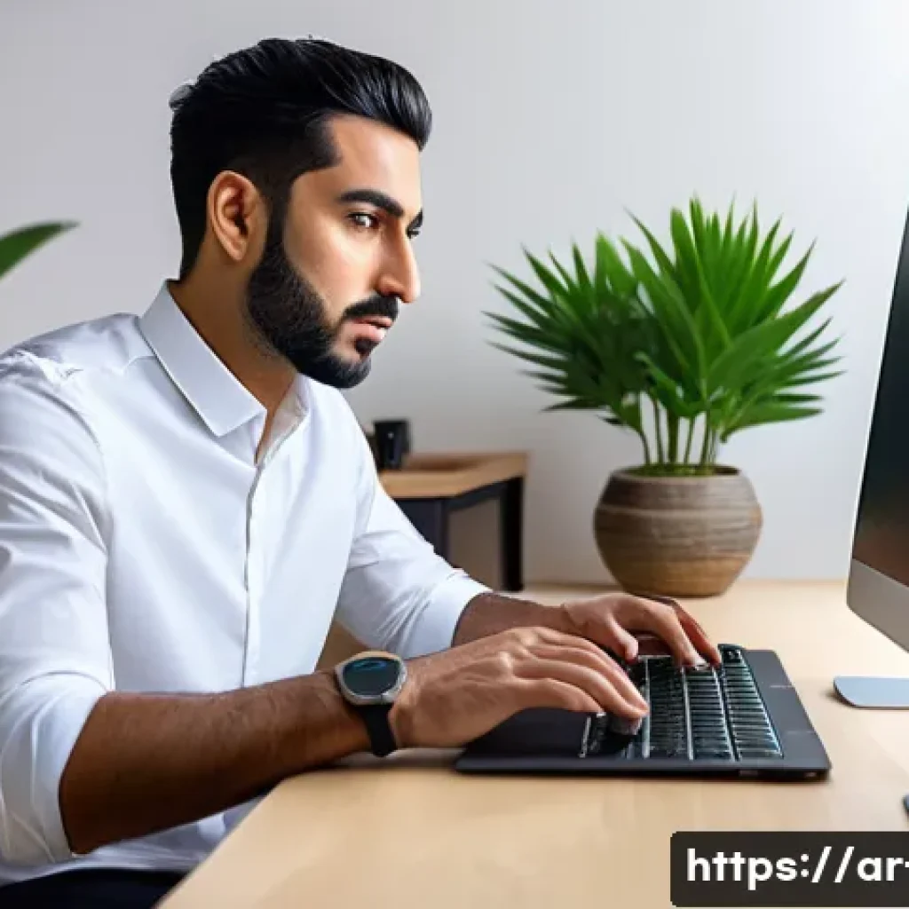 macOS의 화면 녹화 기능 사용법 - A professional Arab man in his 30s wearing smart casual attire, sitting at a modern desk with a slee...