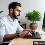 macOS의 화면 녹화 기능 사용법 - A professional Arab man in his 30s wearing smart casual attire, sitting at a modern desk with a slee...