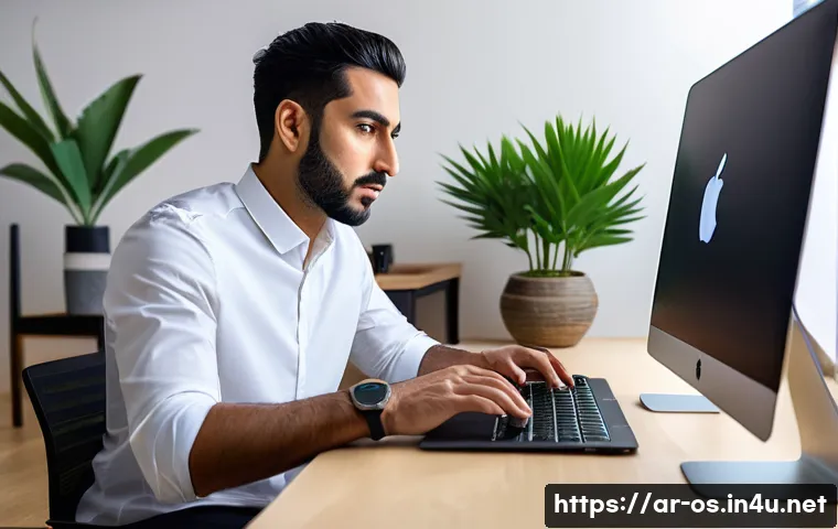 macOS의 화면 녹화 기능 사용법 - A professional Arab man in his 30s wearing smart casual attire, sitting at a modern desk with a slee...