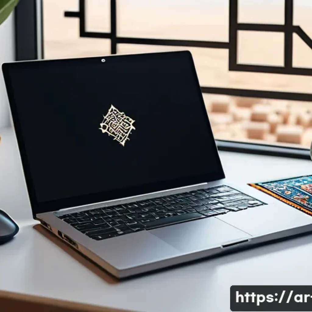 윈도우와 macOS에서 가상 머신 설정 방법 - A detailed digital illustration of an Arab professional workspace featuring a sleek laptop displayin...