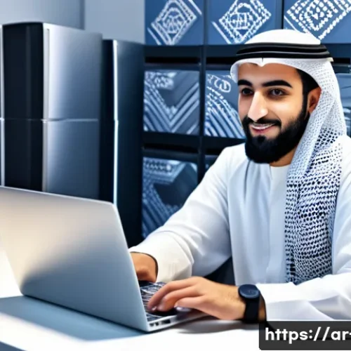 운영체제 업그레이드 전 데이터 백업 방법 - A professional Arab man in traditional attire (thobe and keffiyeh) sitting at a modern desk with mul...