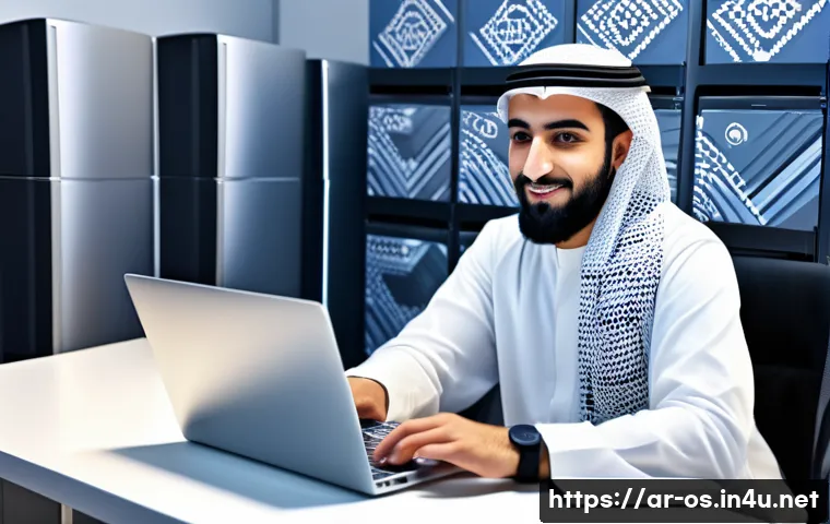 운영체제 업그레이드 전 데이터 백업 방법 - A professional Arab man in traditional attire (thobe and keffiyeh) sitting at a modern desk with mul...