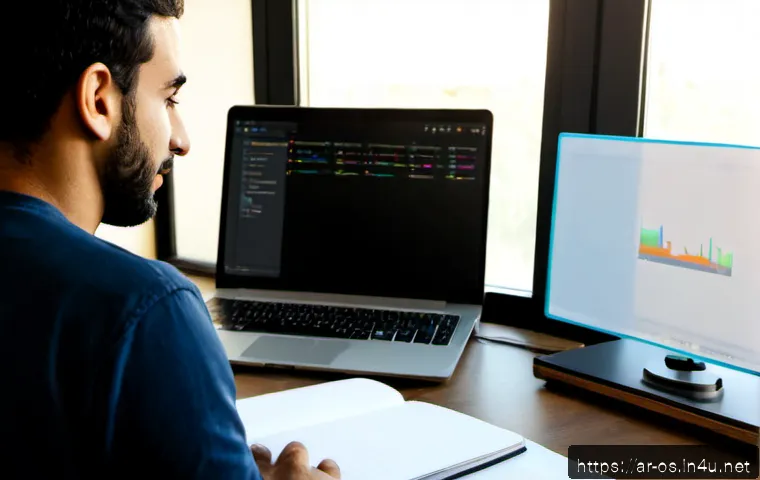 리눅스 서버 설정 초보자 가이드 - Photorealistic Arab beginner learning Linux server setup at a clean home office desk, adult man in m...