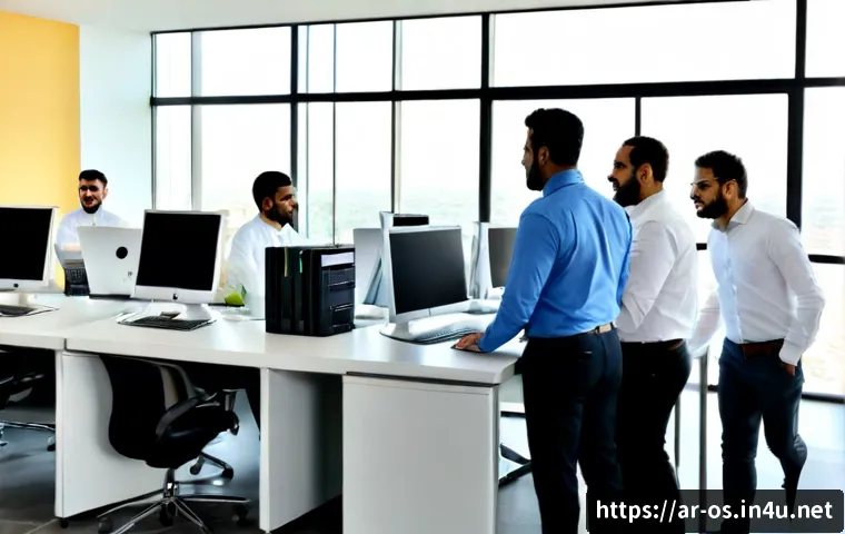 운영체제의 다중 사용자 관리 방식 - Photorealistic modern IT workspace in an Arab Gulf office, diverse adult colleagues in modest profes...